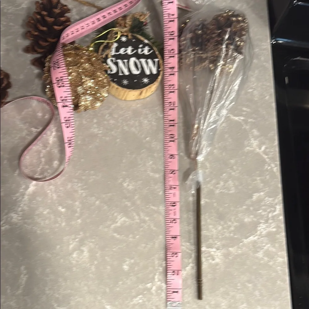Festive Pinecone and Wooden Let it Snow Ornament Set - Gold Black White Brown